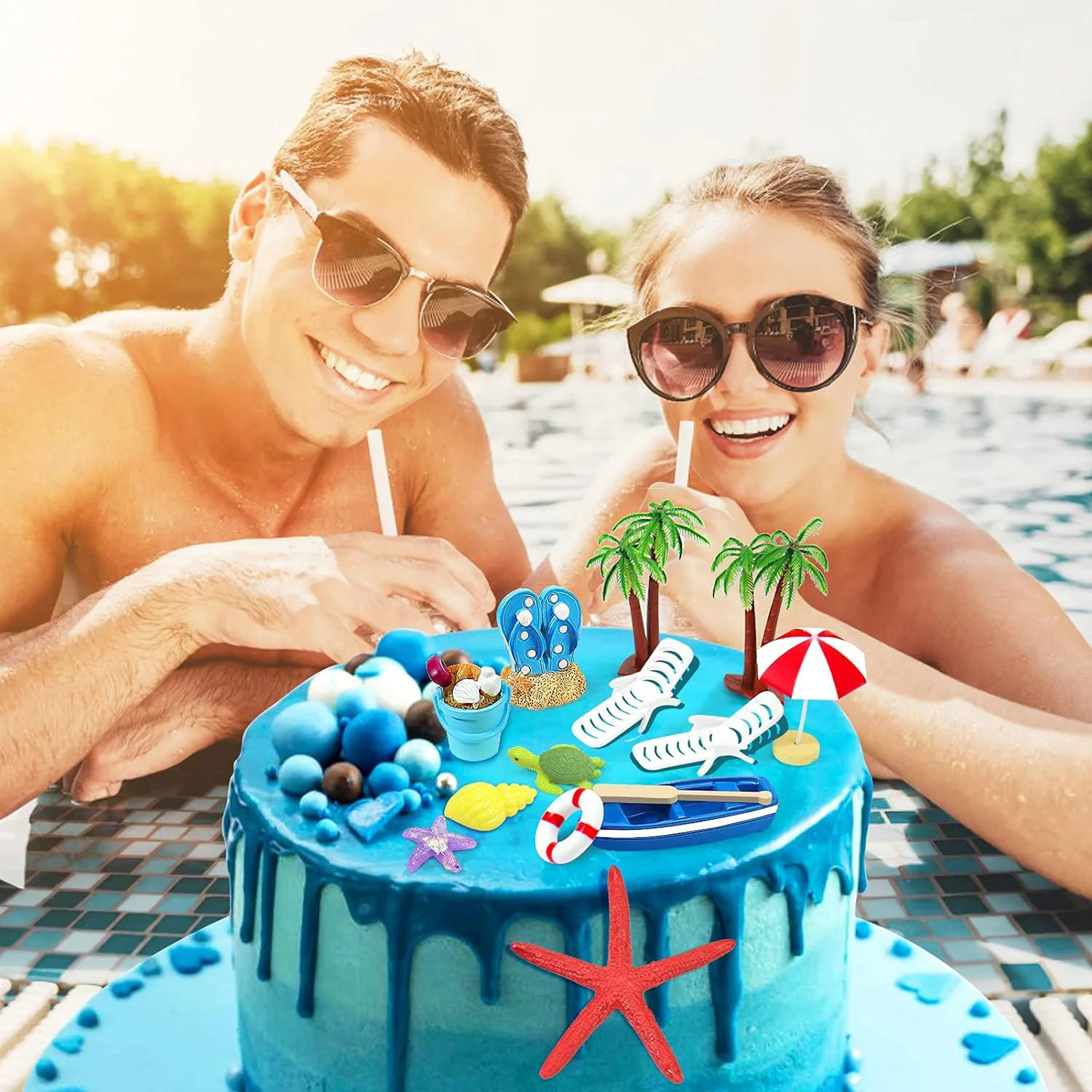 11 Pcs Swimming Pool Cake Decoration - Hawaiian Beach Chair Umbrella Cake Toppers For Summer Birthday Party Supplies, Pink - View #7