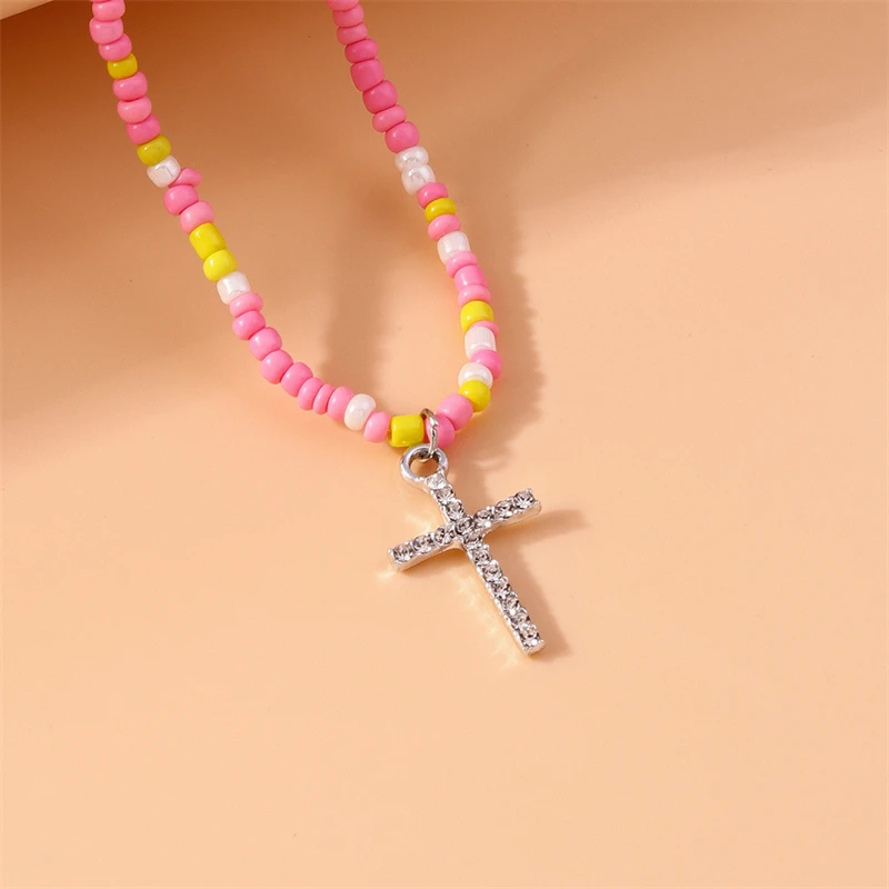 Böhmische handgefertigte bunte Perlenkette für Frauen, Kristall-Kreuz-Anhänger-Halskette, Mädchen-Party-Festival-Schmuck, Geschenke – Detail 12