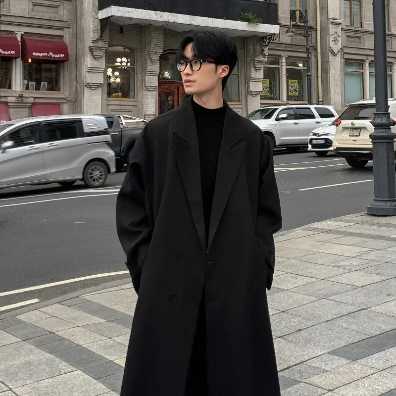 Autumn New Coats Loose Mid Length Over Knee Thin Windbreaker Handsome Shoulder Padded Suit Jacket for Men Trench Coat 3