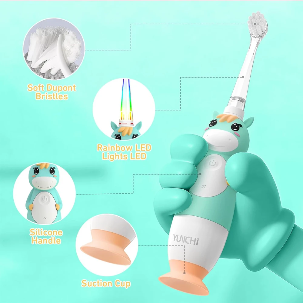 윤치 용 전동 칫솔 어린이용 전동 칫솔 컬러풀 LED 라이트 배터리 구동 9개의 브러시 헤드 포함