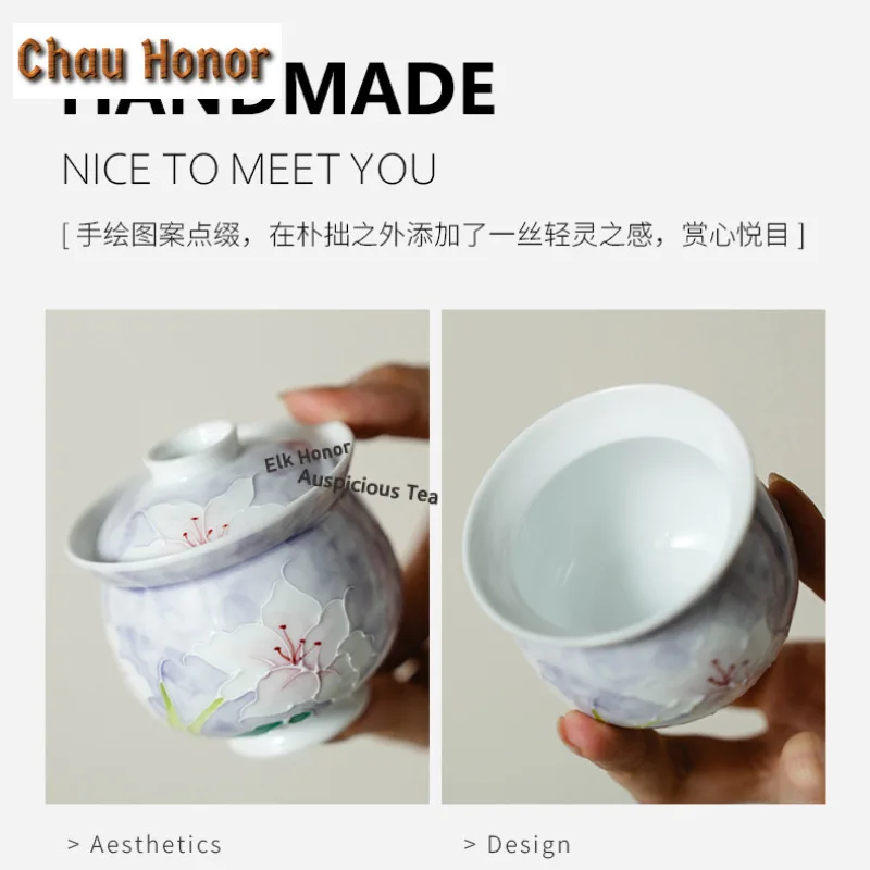 Misty Purple Pure Hand-painted Lily Tea Set Complete Set Retro Tea Ceremony Set Tea Making Teapot and Tea Cup Set Drinkware Gift