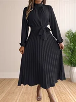 Women's Long Dresses Summer Elegant Pleated Long Sleeveed Lace Up Dresses Beach Boho Wrap Ruffle Hem Swing Sundress - Image 4