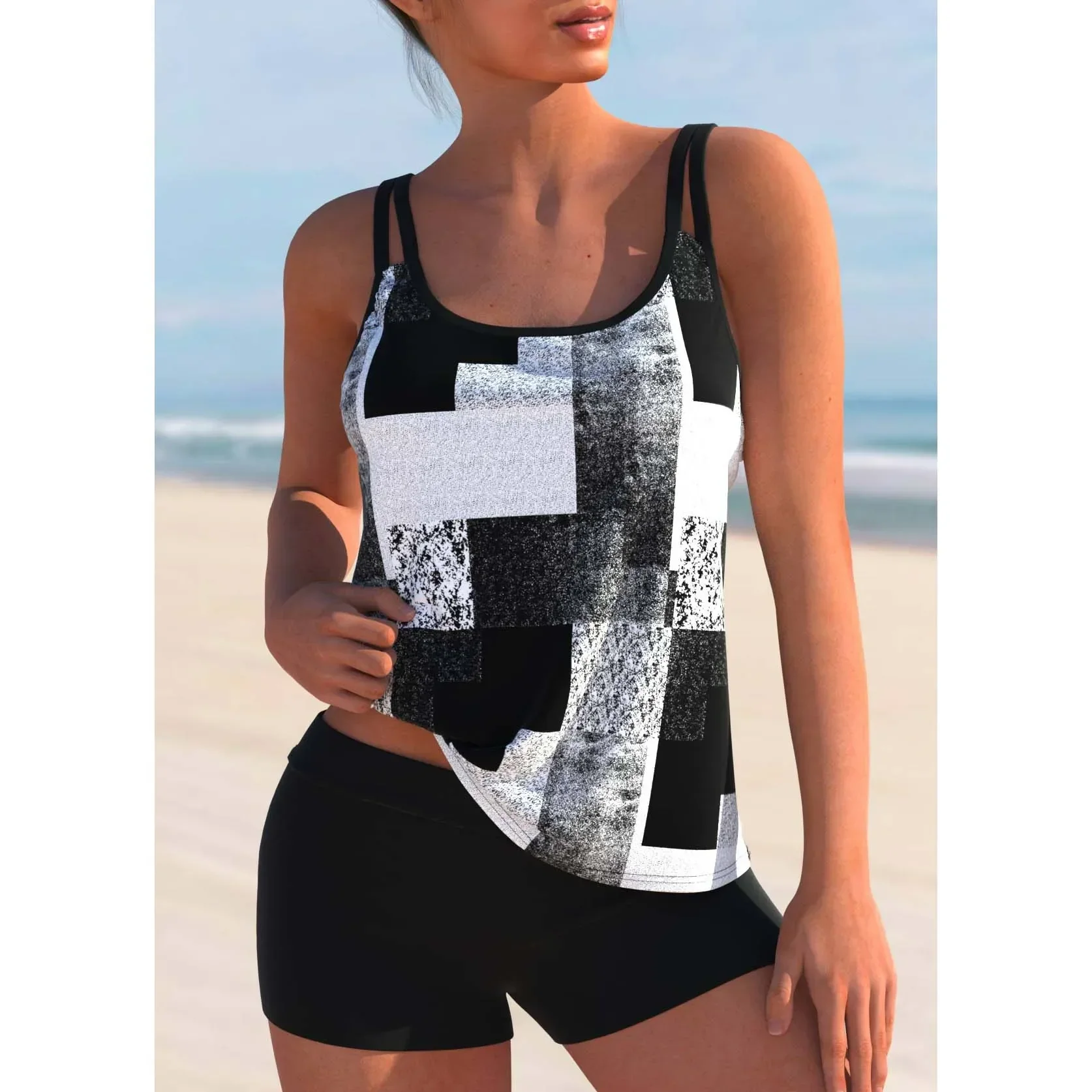 Women's Bikini Two Piece Black and White Chevron Printed Bowknot Holiday Beach Straps Swimsuit S-6XL