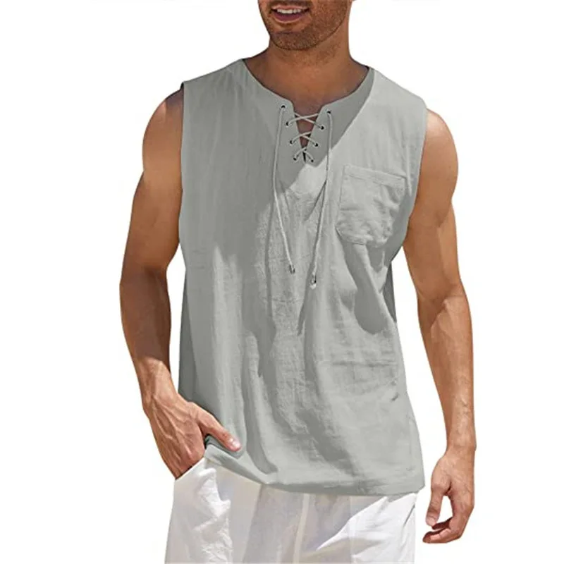 Mens Cotton Linen Sleeveless Vest Summer Tank Top