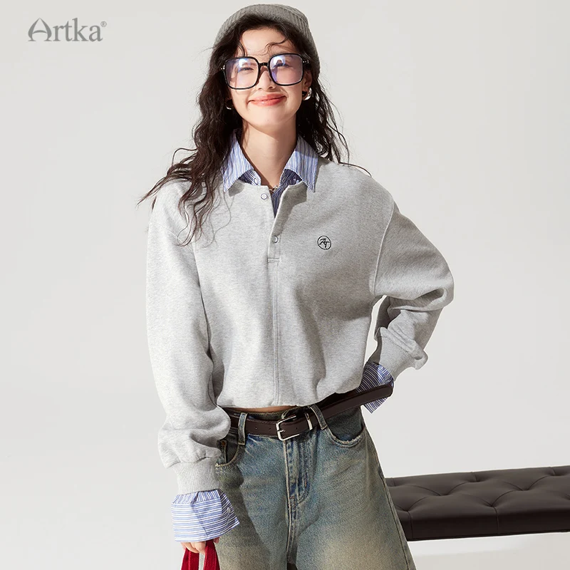 artka-sweat-shirt-gris-a-manches-longues-pour-femme-faux-revers-deux-pieces-pvd-va92332q-decontracte-debut-de-l'automne-nouvelle-mode-2023