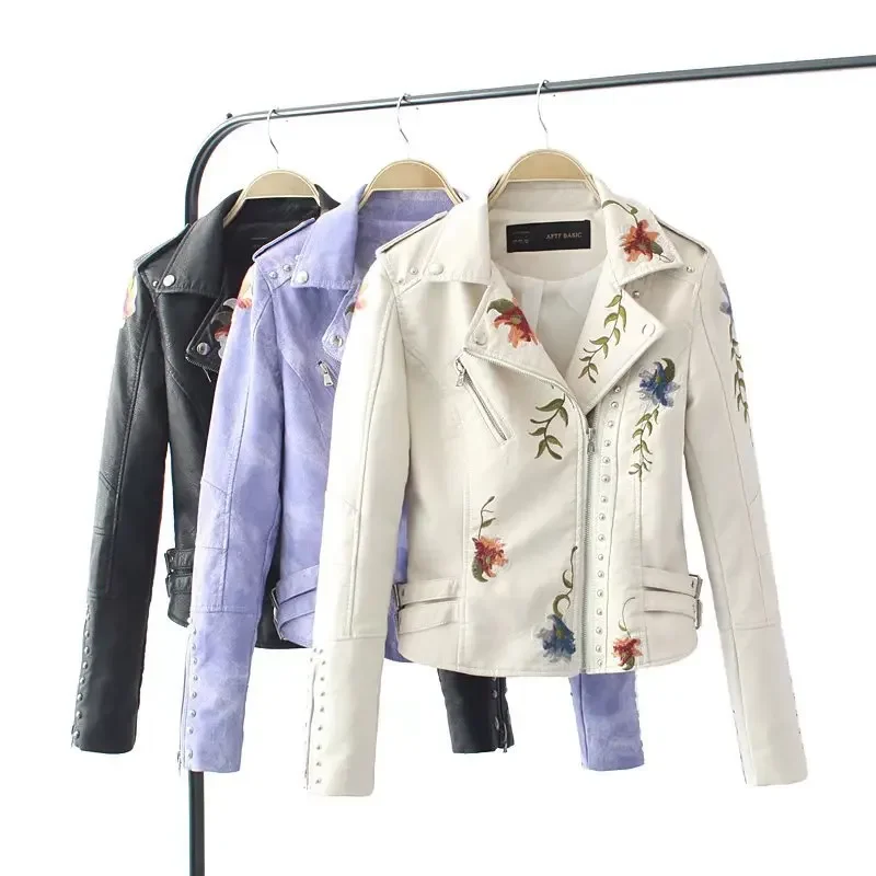 

Women PU Coat Femal Embroidery Flower Jacket Office Lady Outerwear Thicken Cardigan 2024 Spring Female Warm Street Wear Clothing