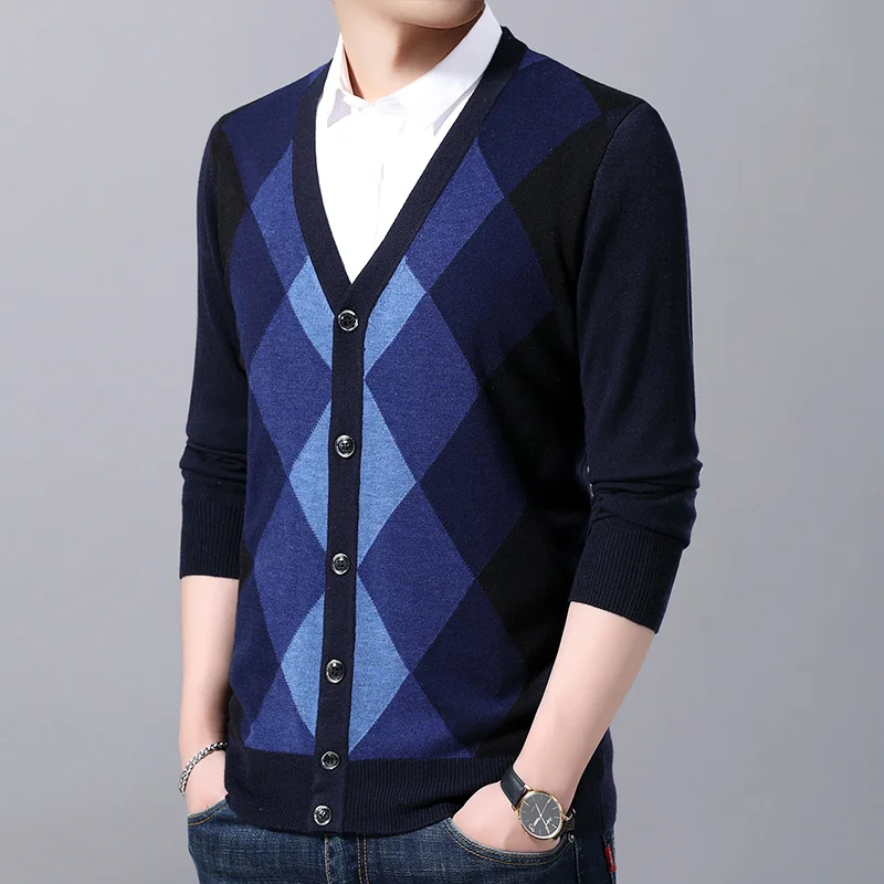 

Top Grade 6.5% Wool Men V-Neck Fashion Argyle Knit Cardigan Spring Autumn Smart Casual Classic s Cardigans Coat