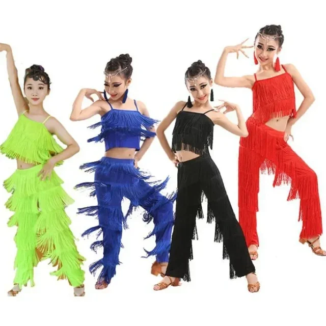 Costumes de pantalon de danse latine pour enfants, robe à franges pour filles, salsa samba, grande taille, salle de Rh, tenues de scène pour enfants 1