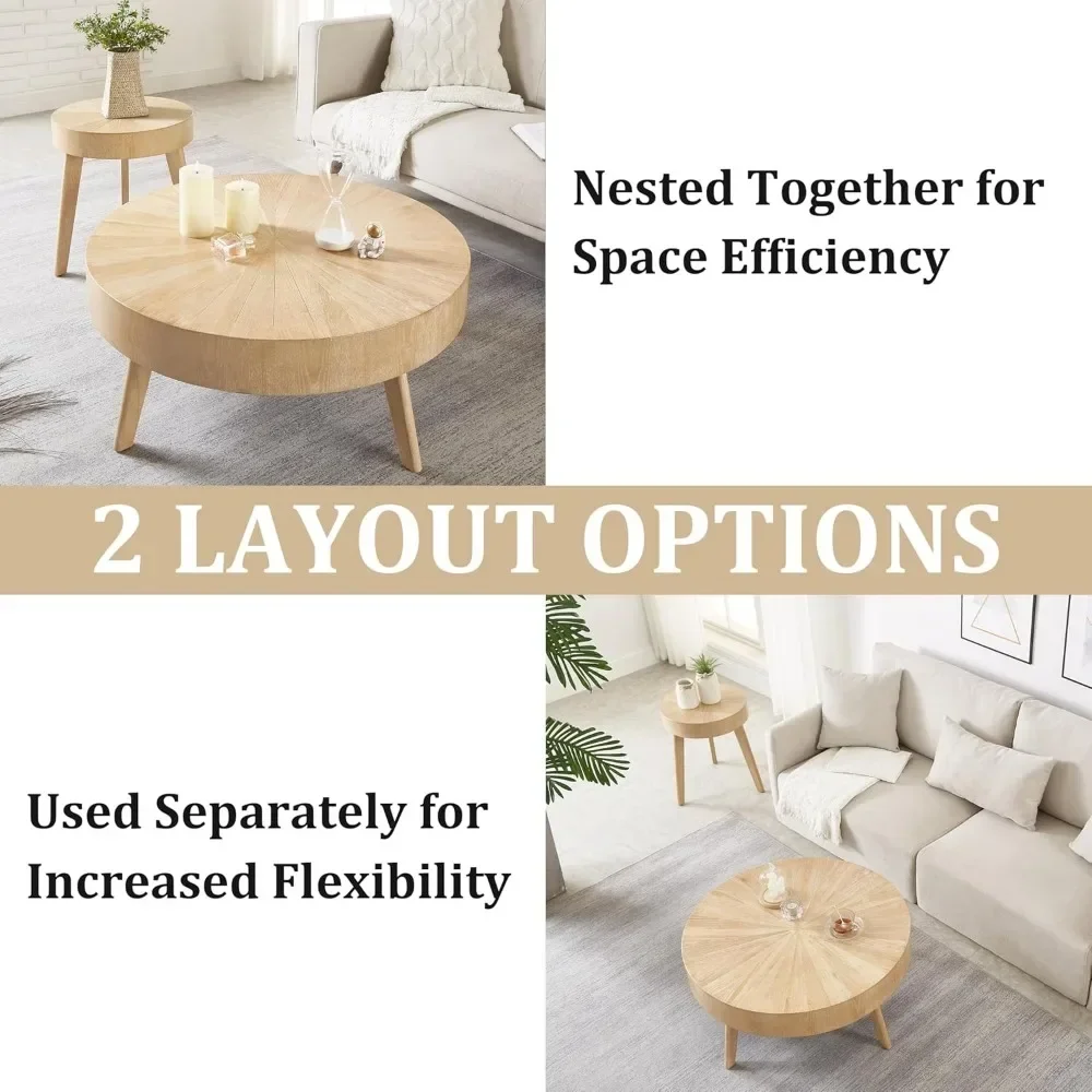 2-Piece Solid Wood Coffee Table Set, Rustic Round Farmhouse End Tables for Living Room, 31x31x16 in 5