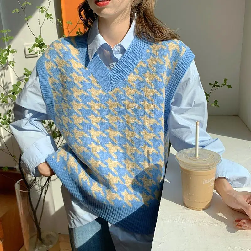 Plaid Loose Casual Vests Versatile Sleeveless Knitting Sweater Spring Autumn Women New Korean Trend V-neck Pullovers Casual Top