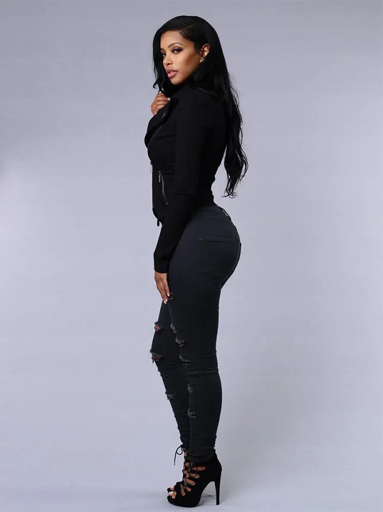 New Spring Summer Elastic Trousers Black and White Ripped Jeans Fashion Sexy Skinny Denim Pencil Pants S-3XL Drop Shipping 5