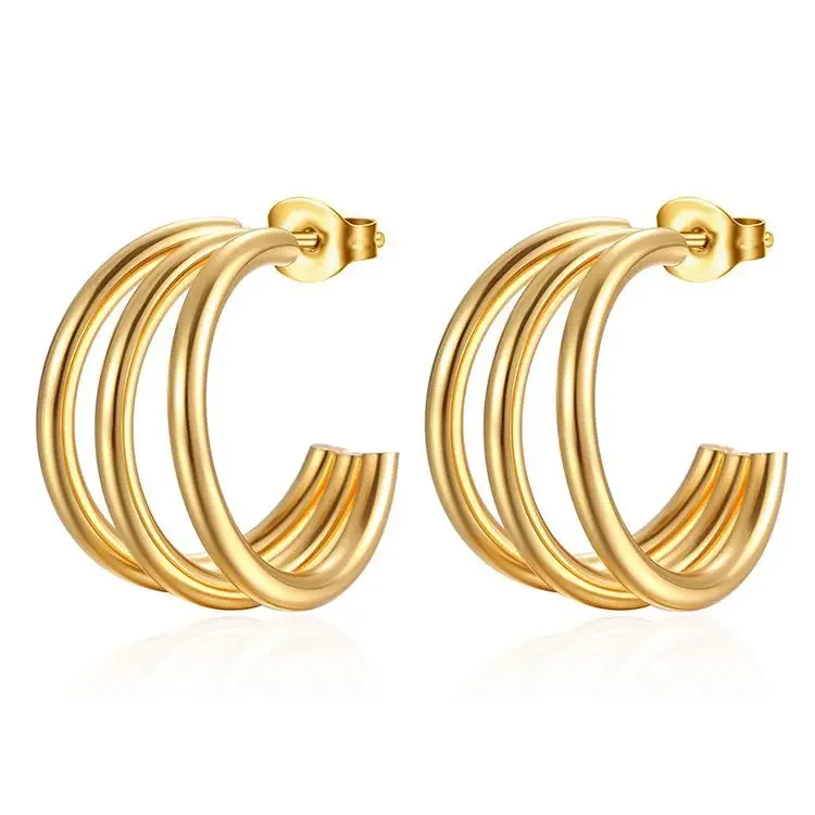 

Simple Trendy Three-in-One Fashionable Multi-Layer C Women's Titanium Steel Hoop Earrings