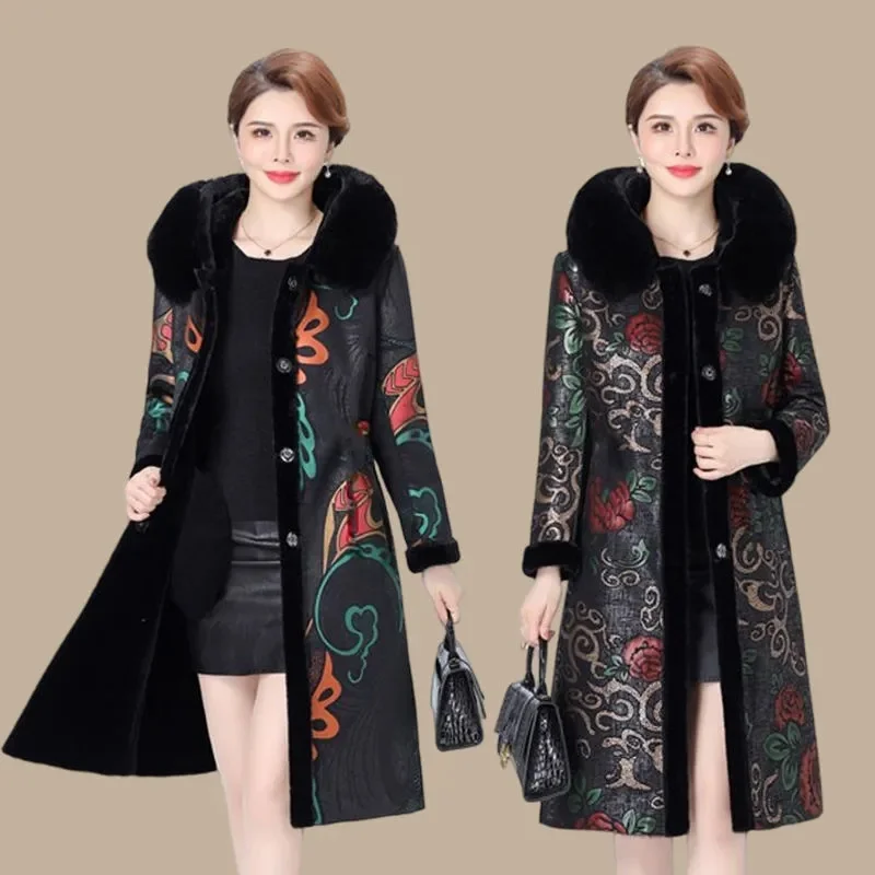 

High Quality Fur Coat For Women Two Sides Wear 2024 Mother's Coat Thick Warm Long Jacket With Hood Liner Plush Coat Fur Collar