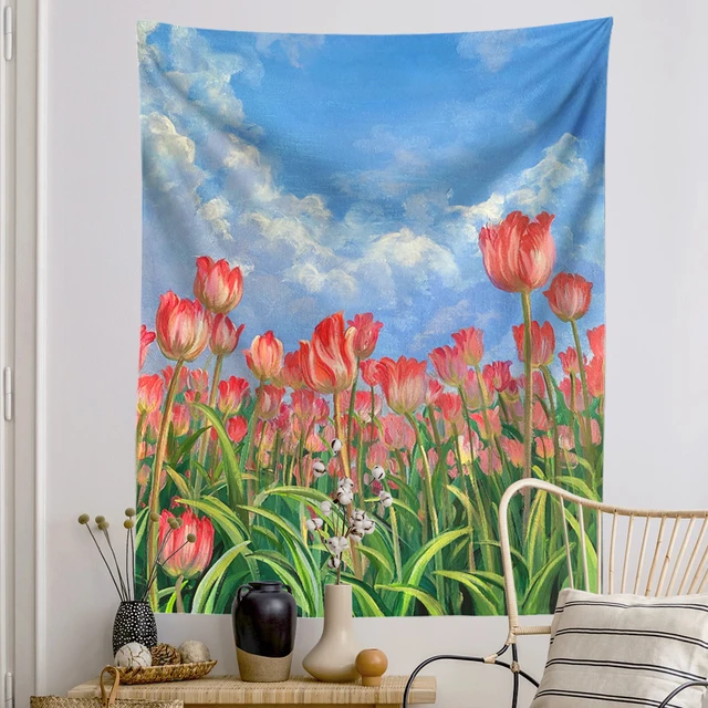 Rózsaszín Tulipán Virágok Gobelin Fali Függő Kerti Virágkocsogáru Szőnyegek - Image 4