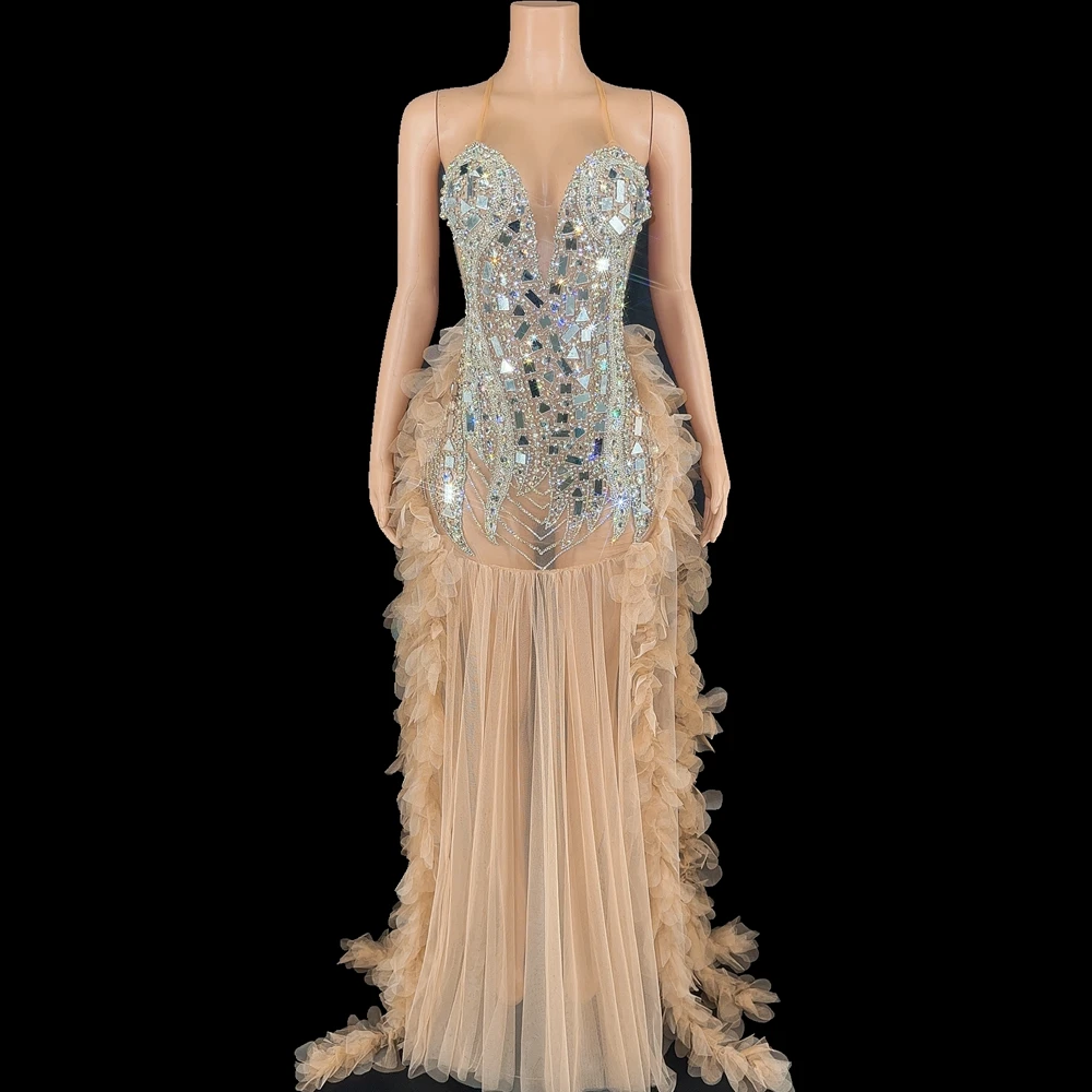 

Блестящее длинное платье с зеркалом, сексуальное Сетчатое платье с глубоким V-образным вырезом и открытой спиной для празднования вечеринки, выпускного, дня рождения, одежда для фотосессии