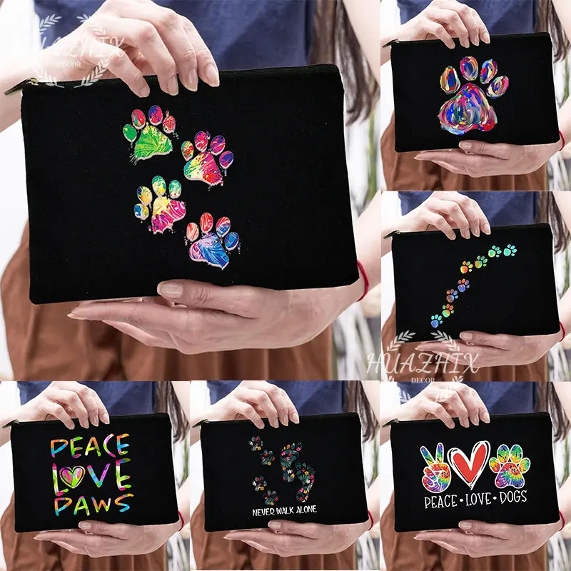 

Peace Love Dogs Print Women Cosmetic Bags Love My Dog Cute Paws Zipper Makeup Pouch Travel Toiletry Organizer Bag Large Capacity