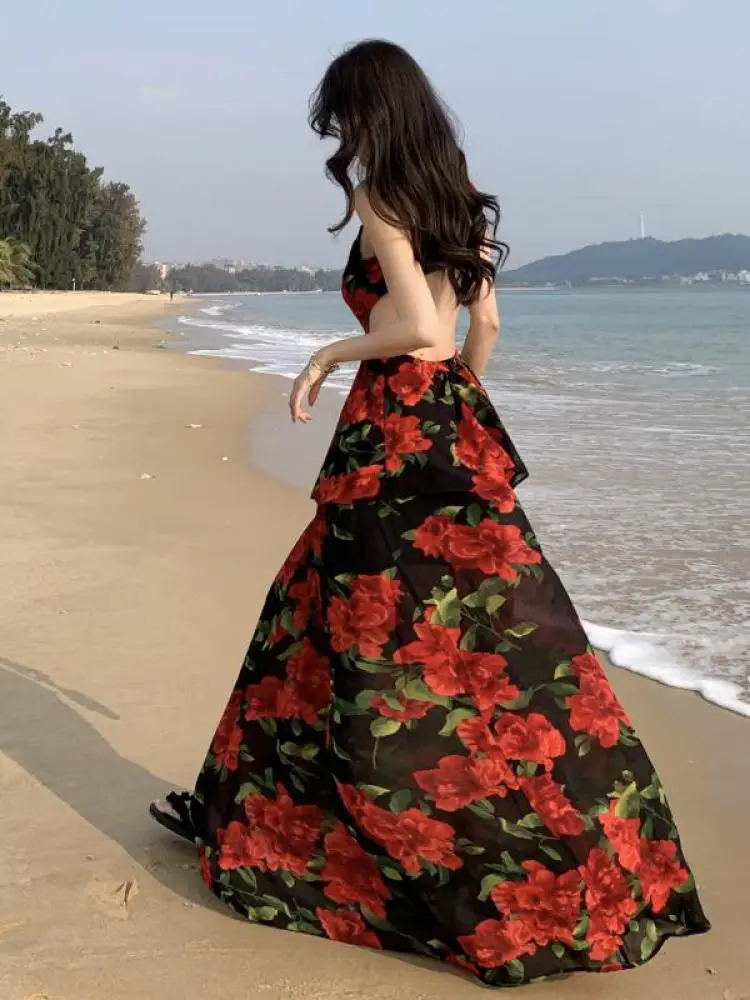 Summer Sleeveless Rose Floral Print Sexy Backless Dress For