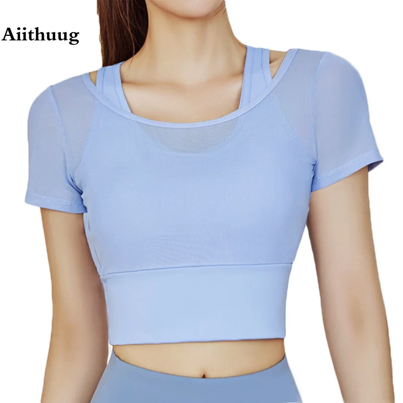 

Aiithuug Padd Cup Build-in Bra Golf Crops Mesh Breathable Yoga Bras Gym Short Sleeve Fitness Sports Crops Running Tops Active