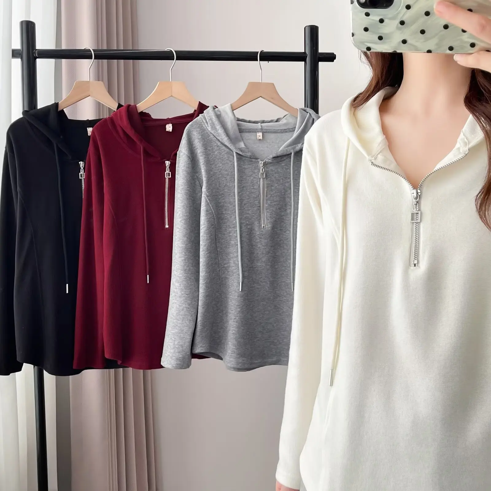 XXXXL Fashion Plus Size Women's Hoodies New Autumn Clothing half-collar Zipper Hooded Long Sleeved Sweatshirt 2557