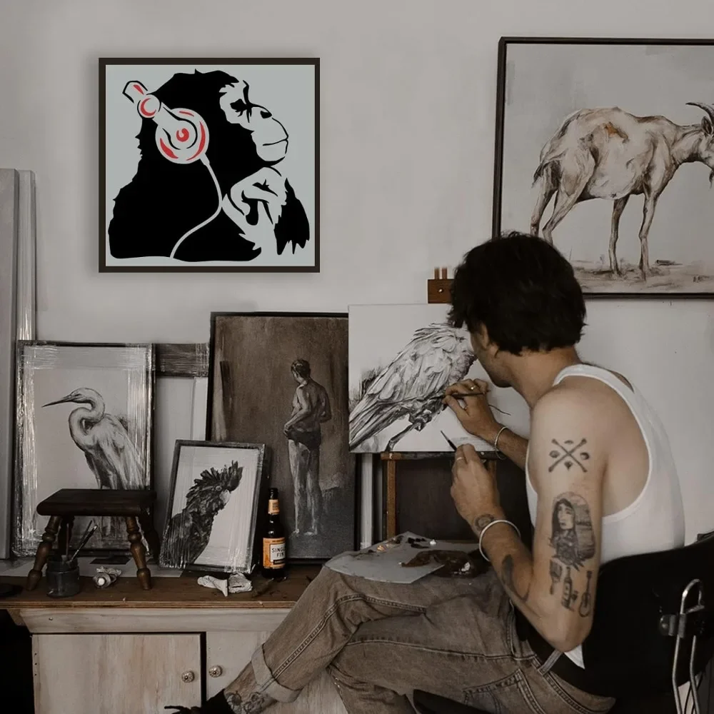 Banksy 생각 원숭이 헤드폰 스텐실 11.8x11.8 인치 재사용 가능한 Banksy 침팬지 스텐실 DIY Banksy 장식 스텐실