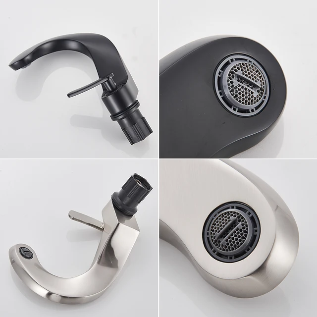 ก๊อกน้ำอ่างล้างหน้าแบบติดตั้งบนเคาน์เตอร์ สีดำด้าน ทำจากทองเหลือง แบบก้านโยกเดี่ยว สำหรับอ่างล้างหน้าในห้องน้ำ  แบบนิกเกิลขัดเงา น้ำร้อนน้ำเย็น 3