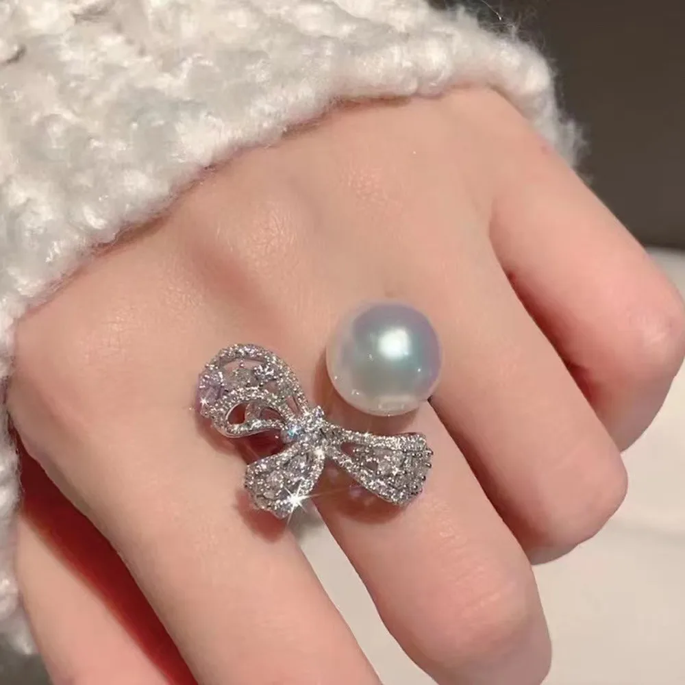 

DIY Pearl Accessories S925 Sterling Silver Jewelry Bow Gold Ring Empty Fit 8-10mm Beads