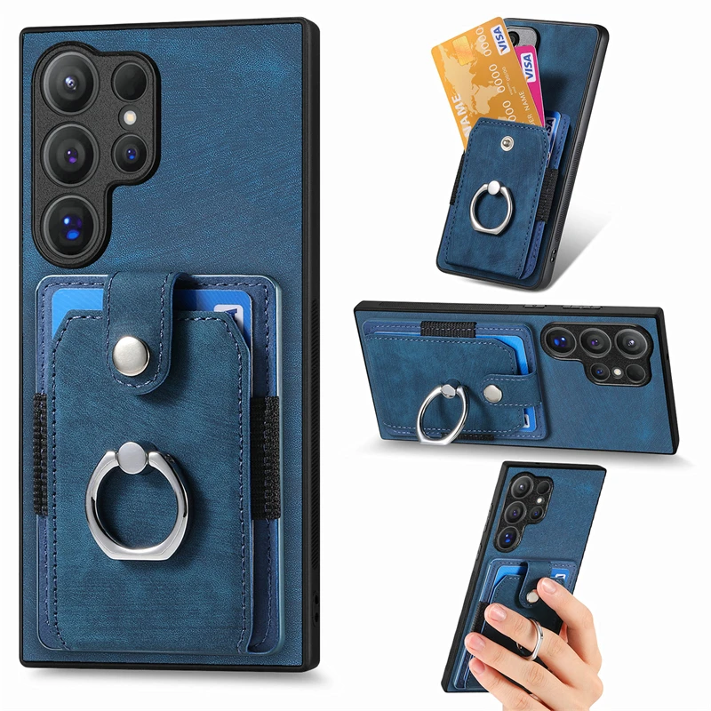 Luxury Leather Magnetic Wallet Case with Ring Stand and Card Slots