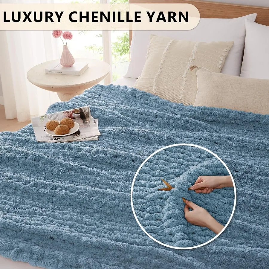 Chunky Knit Blanket Throw: 80''x90'' Chenille Chunky Knitted Throw Blankets for Bed Couch Handmade Thick Big Cable Knit Blanket