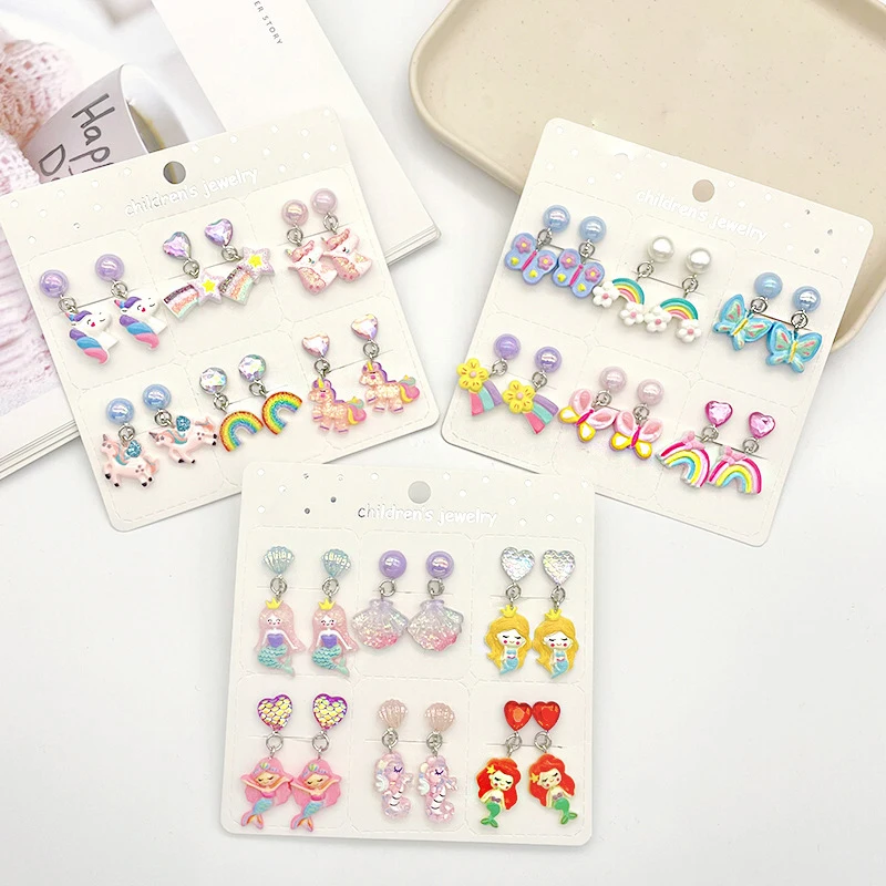 6PRS/SET Unicorn Mermaid Resin Drop Clips on Earrings Girls No Piercing Kids Earring Gift