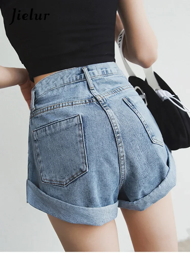 Jielur Denim Shorts Women White Women Short Jeans Khaki Wide Leg Elastic Waist Vintage Casual High Waist Shorts Women Summer