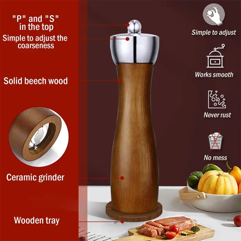5/6/8Inch Solid Wood Pepper Grinder Hand Crank Grinder Sea Salt Pepper Shakers Spice Mill Kitchen Seasoning Tool