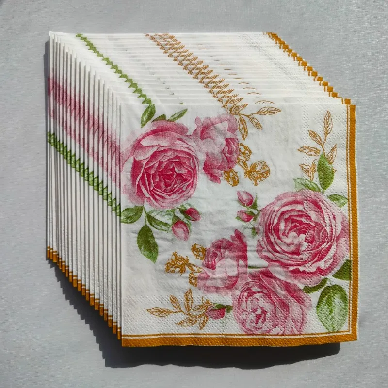 33cm 2-Ply Rose Flower Paper Napkins Party Decoration Paper Placemats Wine Glasses Flower DIY Decoupage 10/20pcs