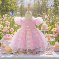 Robe de princesse rose imprimé papillon pour bébés filles, robes de fête de 1er anniversaire, vêtements Tutu de mariage pour nourrissons, nouvelle robe en dentelle 2