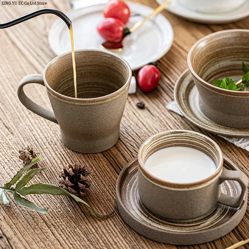 Japanese Style Stoneware Coffee Cup and Saucer Set Handmade Retro Mark Cup 350ml Large Capacity Household Milk Breakfast