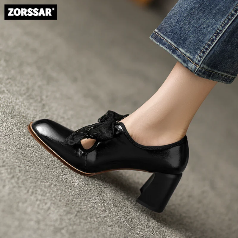 

2023 Spring summer new fashion retro Deep mouth Thick heel single shoes cow leather High heel footwear large size womens pumps