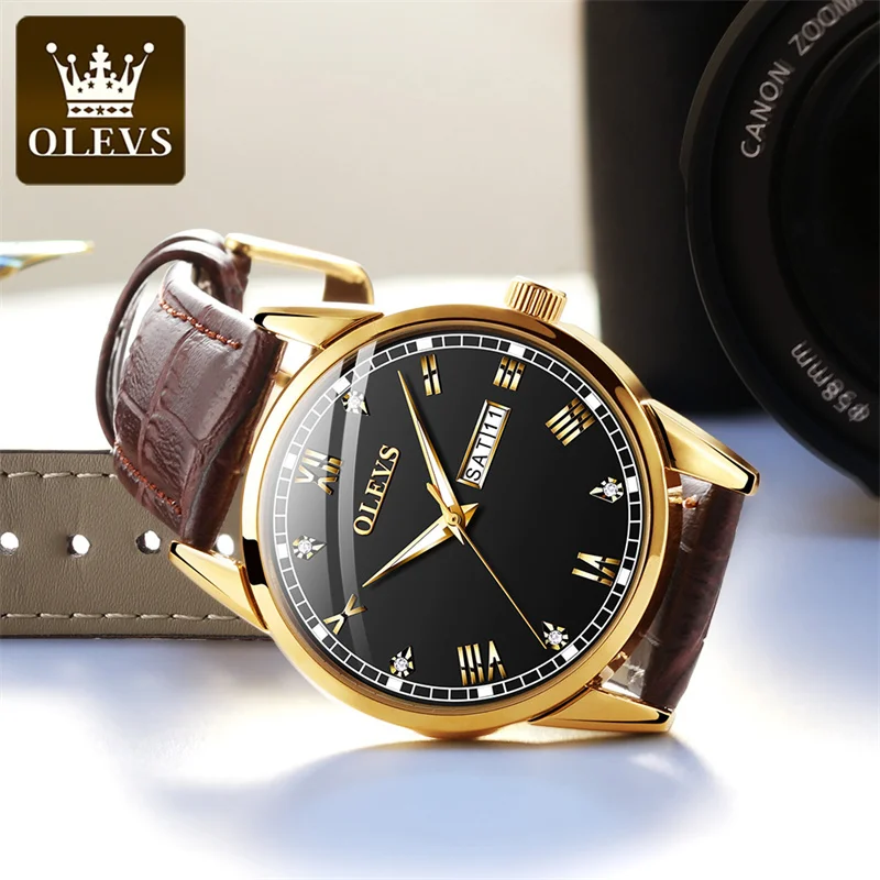 OLEVS New Business Mens Watches Top Brand Luxury Leather Strap Warterproof Week Date Quartz Watch for Men Relogio Masculino