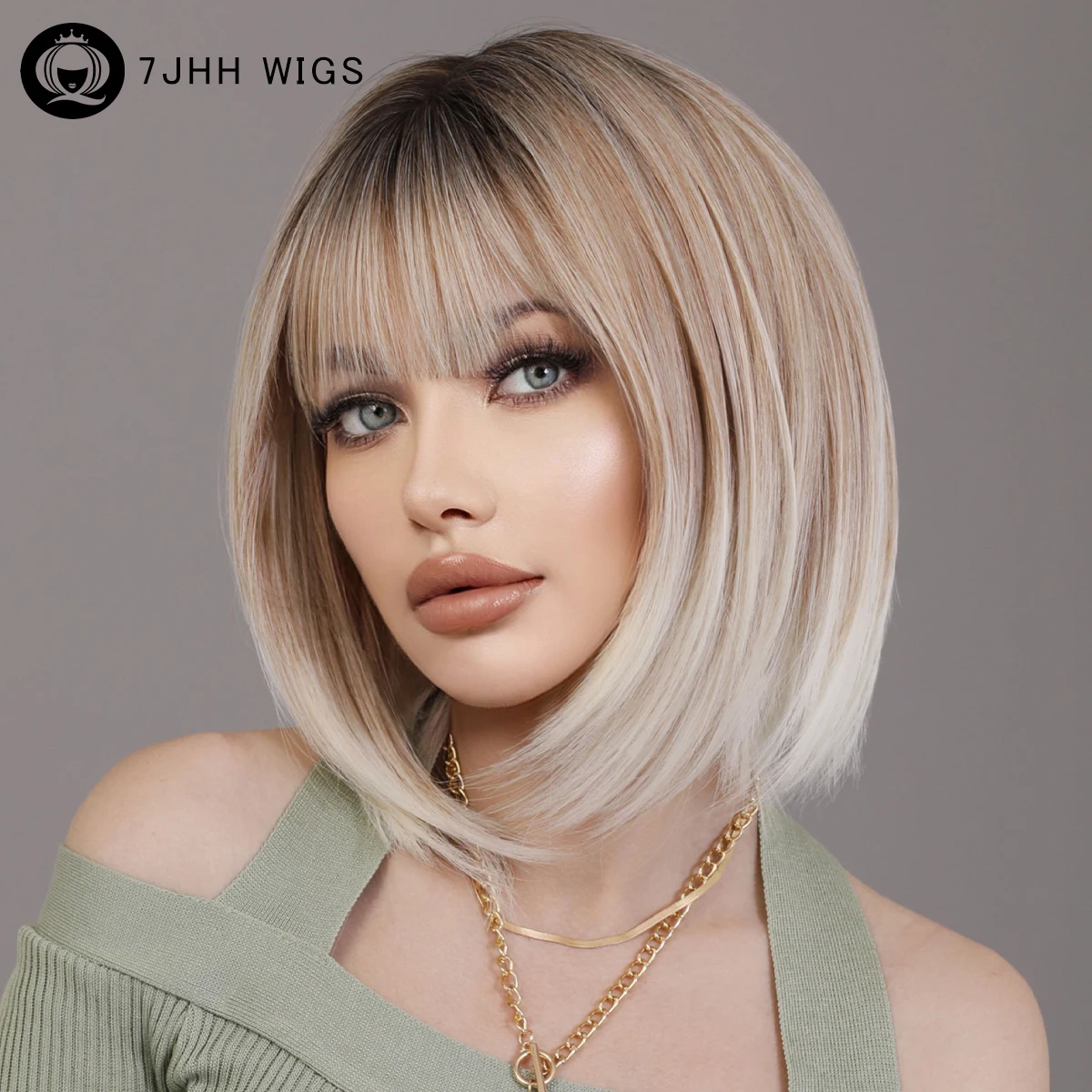 

7JHH WIGS Ombre Blonde Bob Wig Synthetic Short Pink Wigs with Fluffy Bangs for Women Daily Party Heat Resistant Fiber