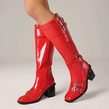 Raya Knee High Square Toe Chunky Heel Metal Buckle Strap Boots 2