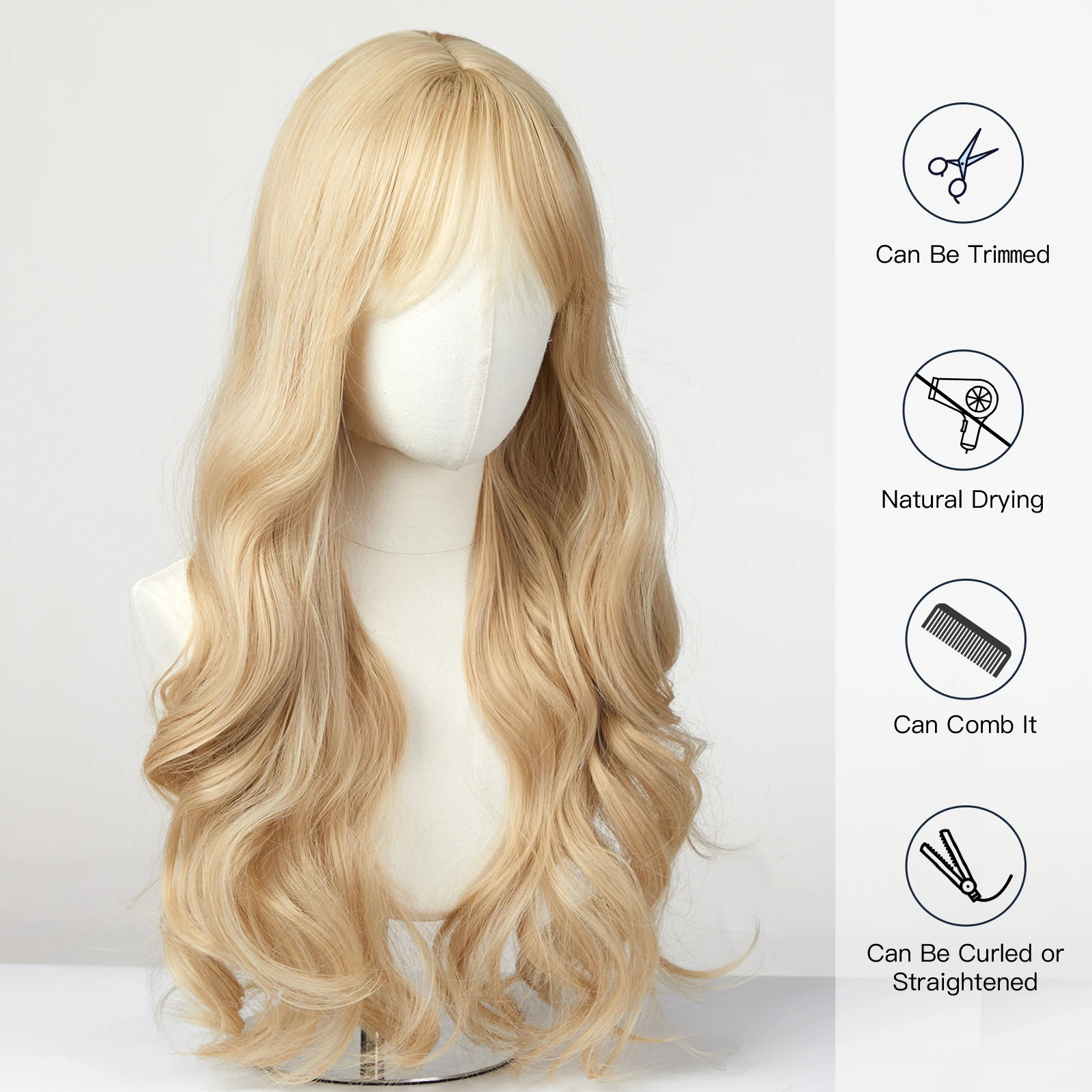 EASIHAIR Sandy Blonde Golden Wavy Synthetic Wigs with Long Bangs Cosplay Lolita Party Hair Wigs for Women Natural Heat Resistant