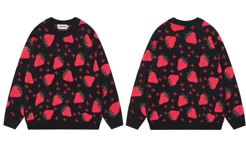 

Men Knitted Y2K Strawberry Pullover Jumpers s Streetwear Autumn Hip Hop Fashion Casual Loose Sweater