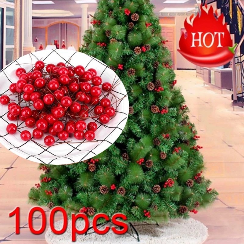 8mm 100Pcs Artificial Red Holly Berry Xmas Tree  Home Hanging Ornament Decors 