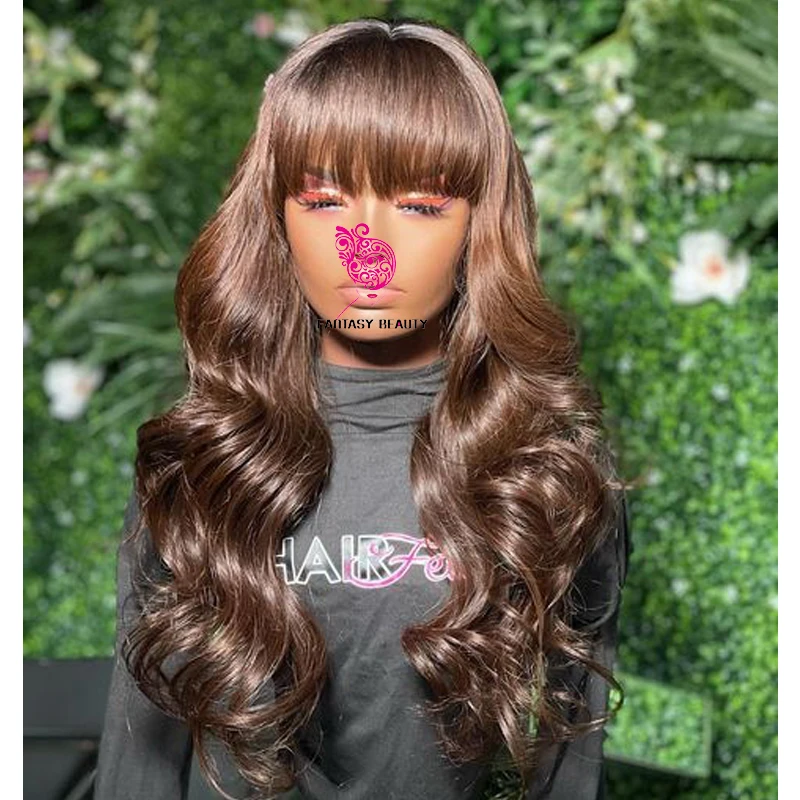 Ombre Body Wave Machine Made Full Human Hair Wigs for Black Women Thick Bangs Glueless Fringe Ombre Highlight #27 Blonde Wigs