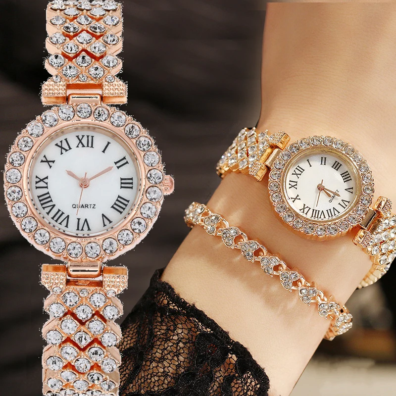 

Trendy Rhinestone Quartz Watch for Women Roman Scale Steel Belt Quartz Watches Luxury Bracelet Watch Female Wrist Jewelry Gift