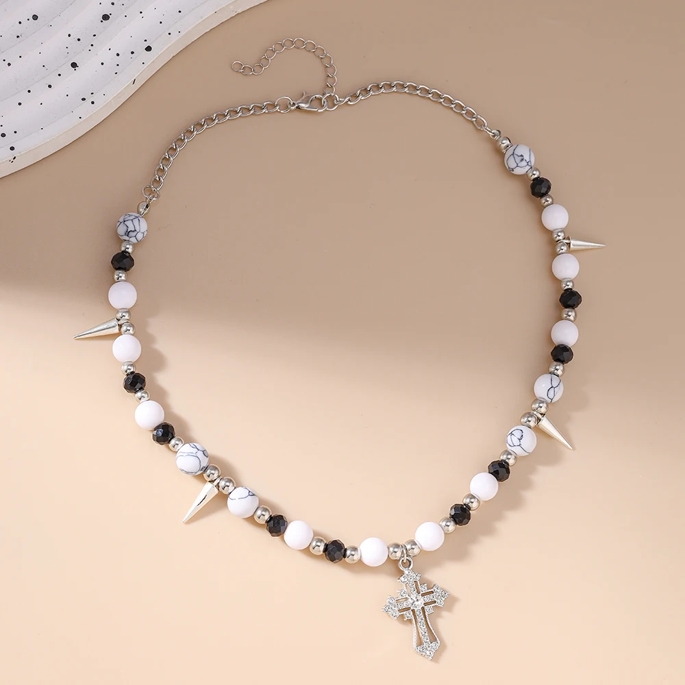 Aihua Goth Cool Y2K Kreuz Anhänger Perlen Spike Halskette Für Frauen Männer Niet Kragen Colliers Kpop Ästhetischen Grunge Jewely Geschenke