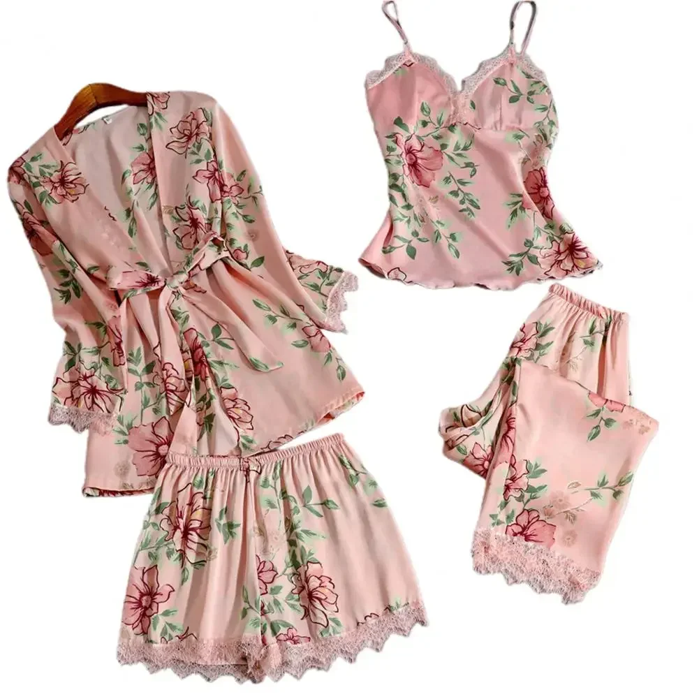 2024 New 5 Pcs/Set Women Pajamas Set Soft Fabric Breathable Colorful Flower Print Women Sleepwear Set Sleeping Clothes