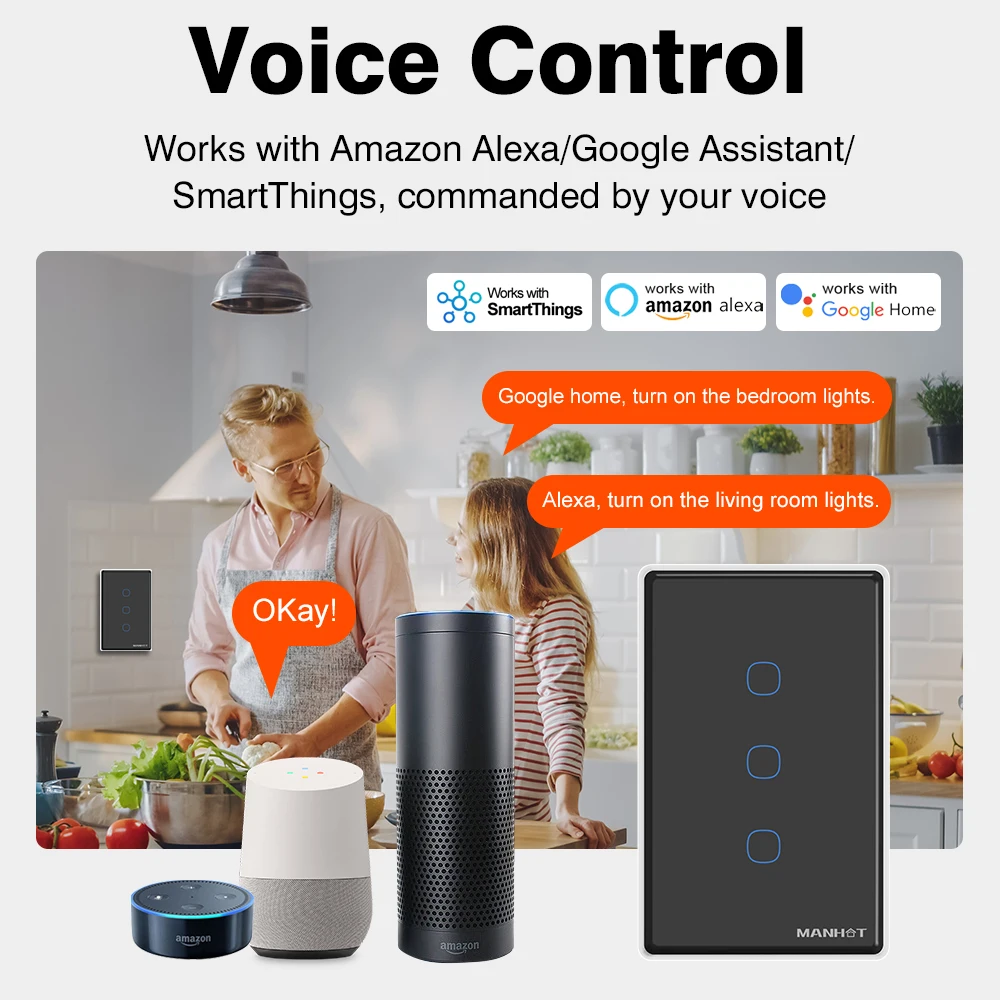 Tuya WiFi Smart Touch Switch Touch Panel US Light Switch Wall Switch With RF433 Voice Control With Alexa Google Home SmartThings