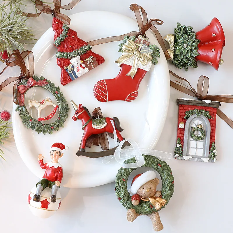 Resin Xmas Tree Embellishment Welcome Door Hanging Pendants Jingle Bell Wreath Drop Ornaments Christmas Decor 2026