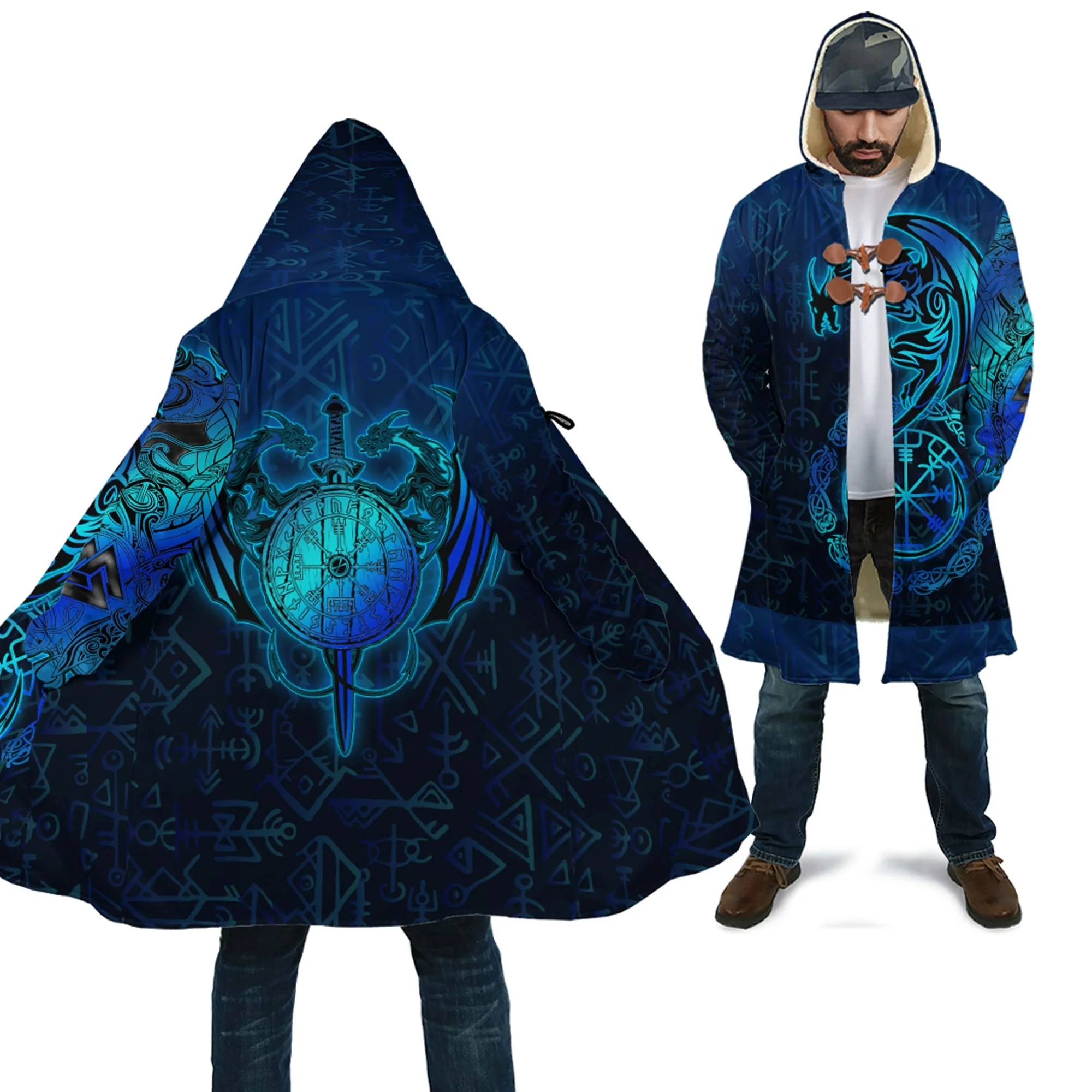 Dragon and Vegvisir Blue Tattoo 3D All Over Printed Men's Fleece Hooded Cloak Winter Unisex Casual Thick Warm Cloak Coats PF104