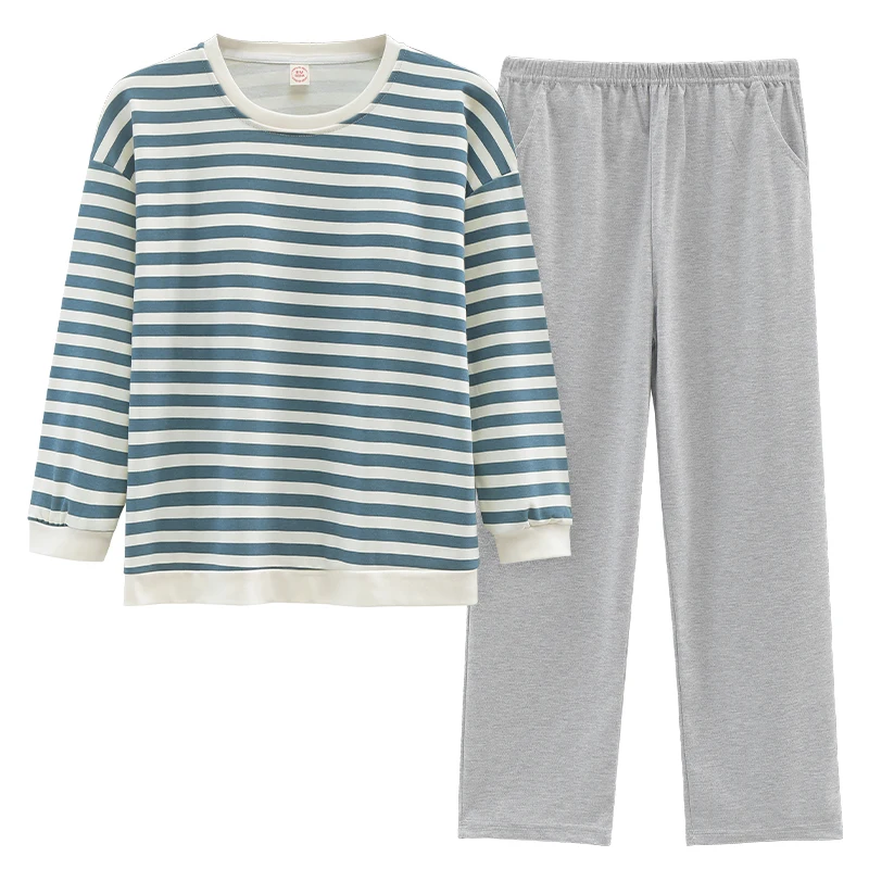 Spring women's knitted cotton pajamas women's suit with padded long sleeve new autumn striped round neck pullover home clothes