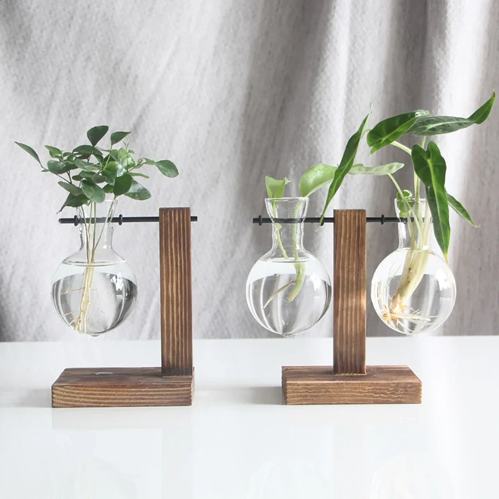 Bulb Vase Transparent with Wooden Stand Desktop Glass Planter for Hydroponics Plants Coffee Shop Room Decor